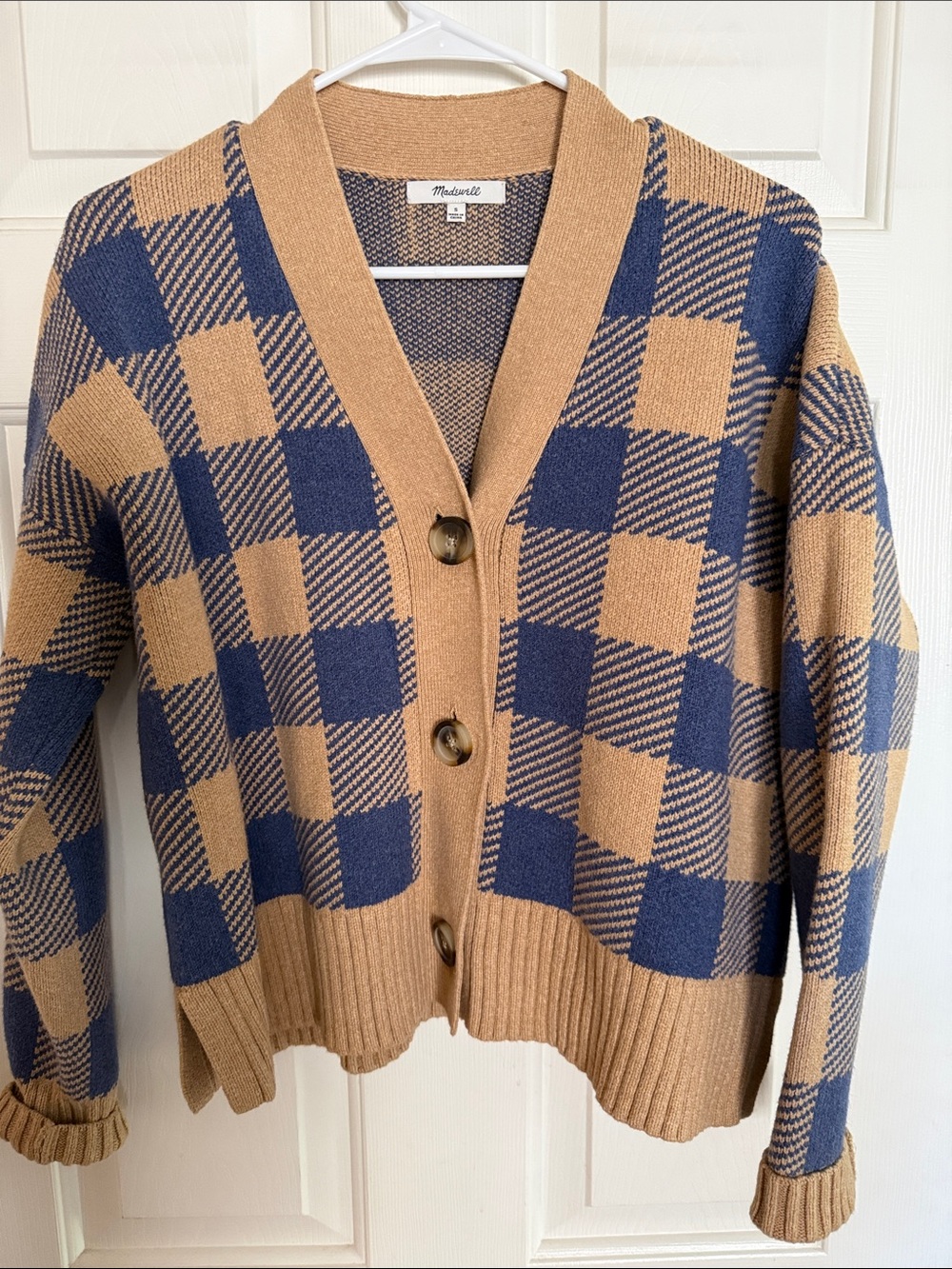 Madewell Bayberry Buffalo Check Cardigan Sweater Tan Blue Kim  Kardashian Small